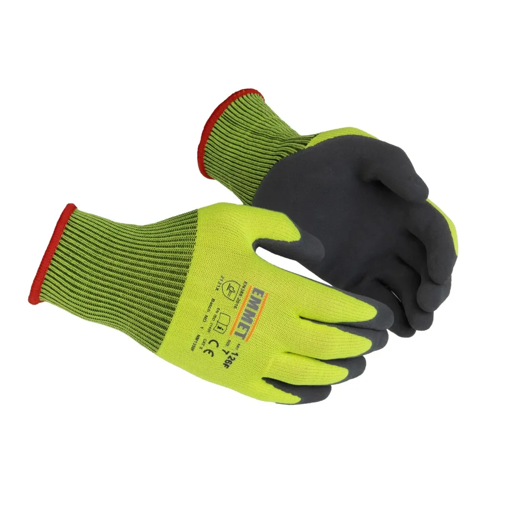 13G Fluo-green color nylon liner, grey color nitrile palm coated gloves (7/S)